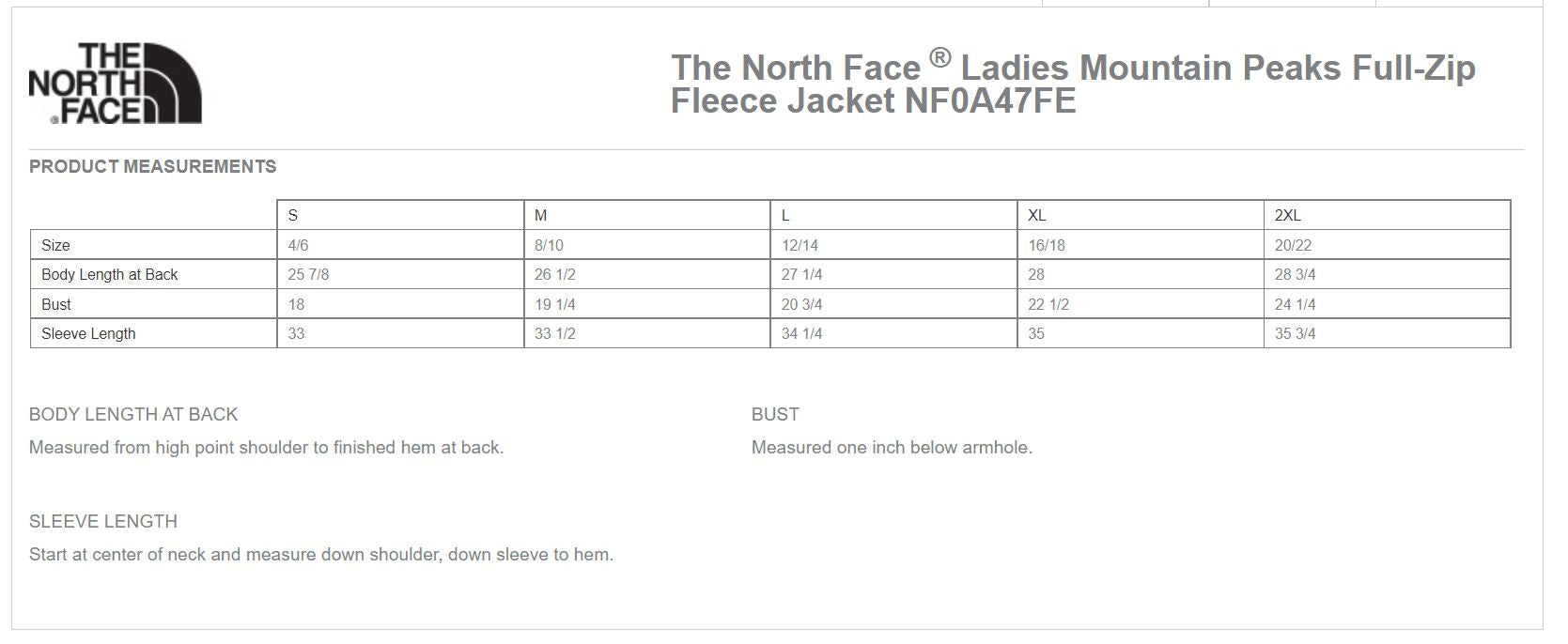 North face women's coat size chart store